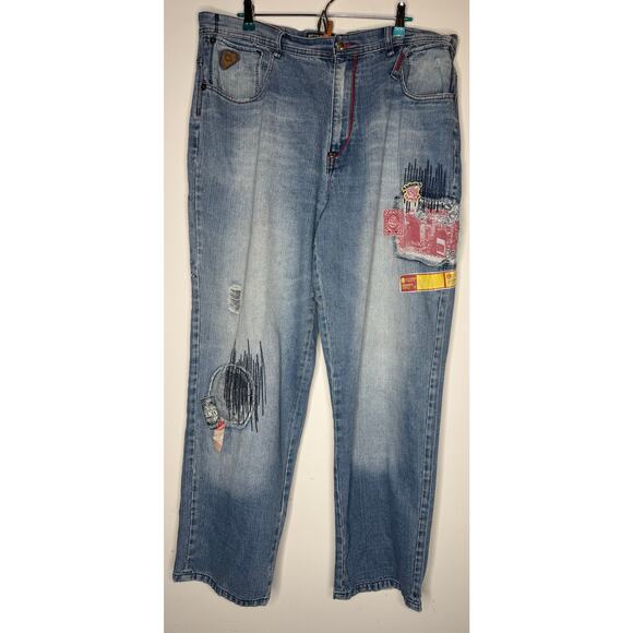 Akademiks Y2K Size 40 Baggy Light Washed Blue Denim Jeans 2000s Embroidered VTG - Picture 1 of 11
